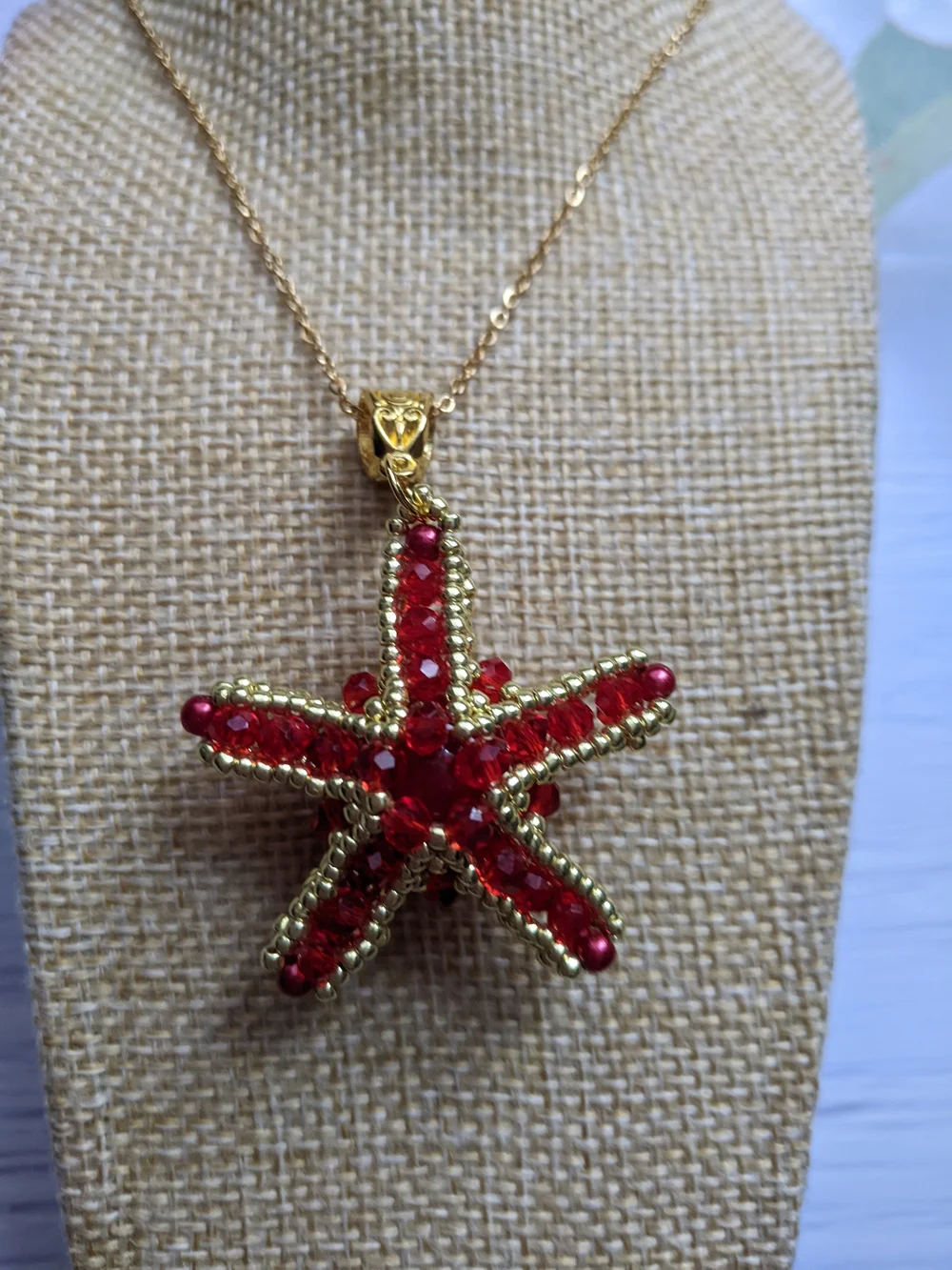 Gold Starfish Pendant Necklace with Red Crystal Accents - Women Jewelry